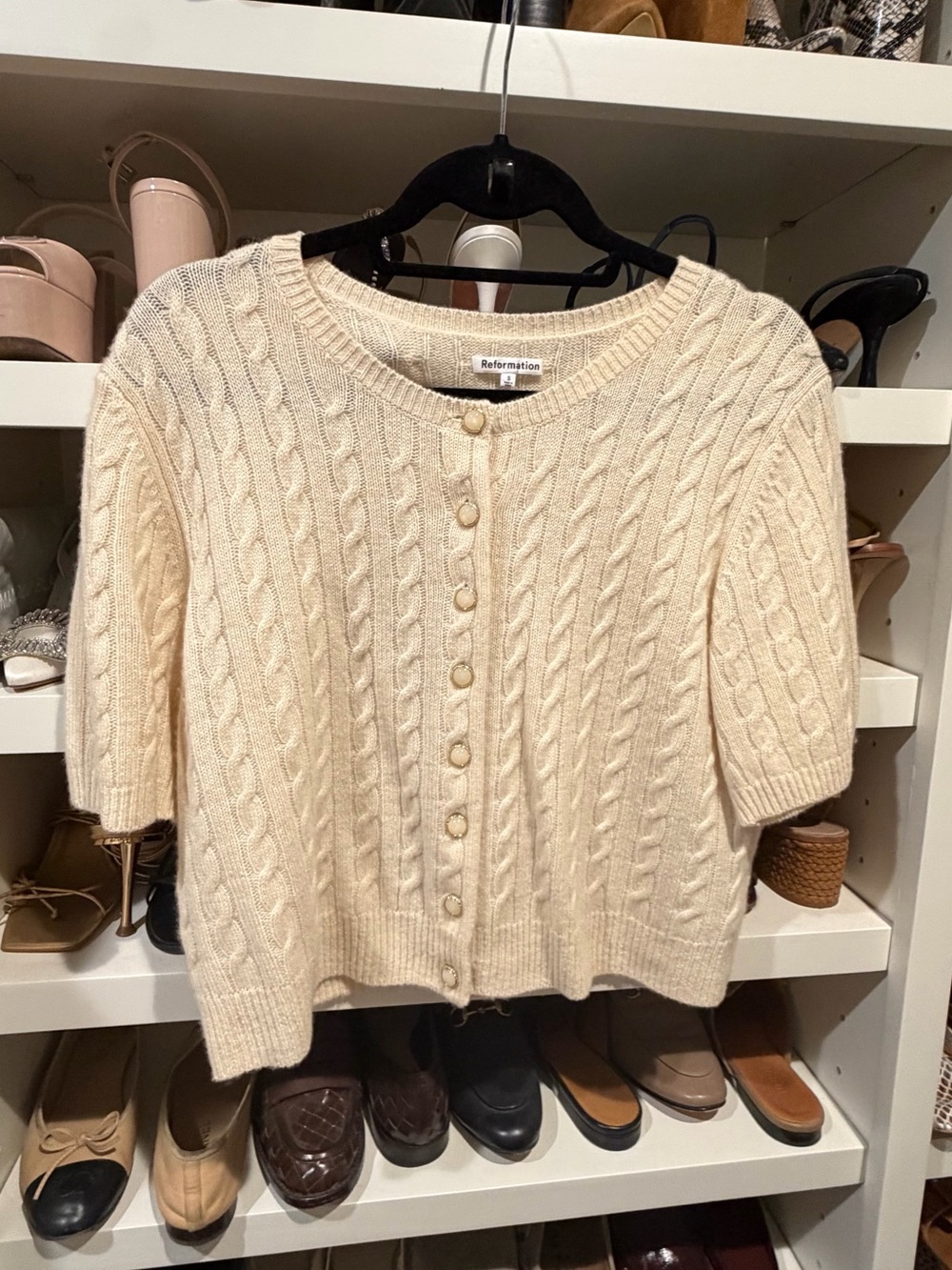 Reformation Cream Cable Short-Sleeve Button Cardigan